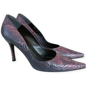 Stuart Weitzman Snake Print Leather Pointed Toe 4" Heels Purple Pink Black 9